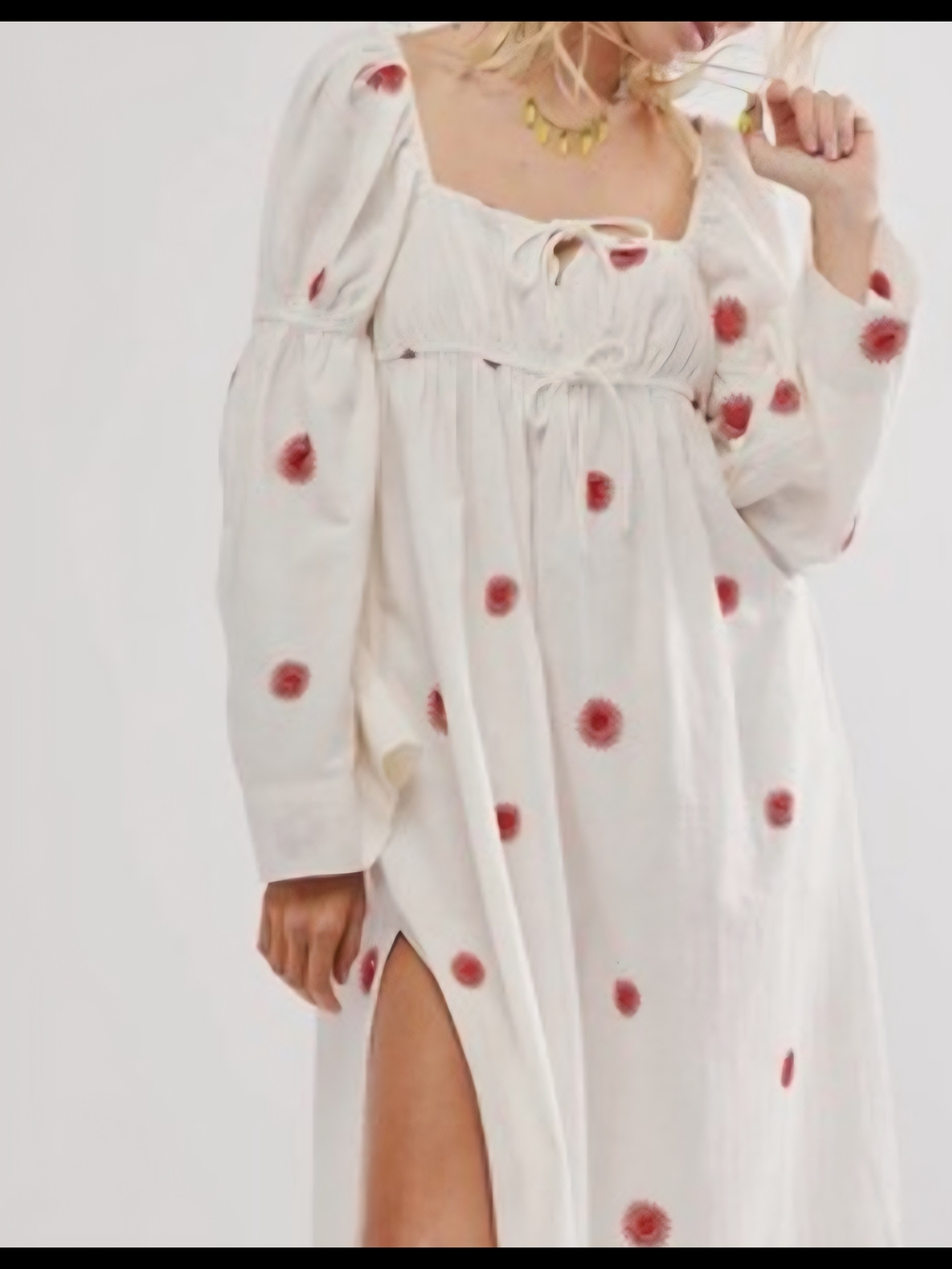 FREE PEOPLE WOMEN SIZE M White Midi Peasant Dress with Red Sunburst Embroidery - Picture 4 of 12